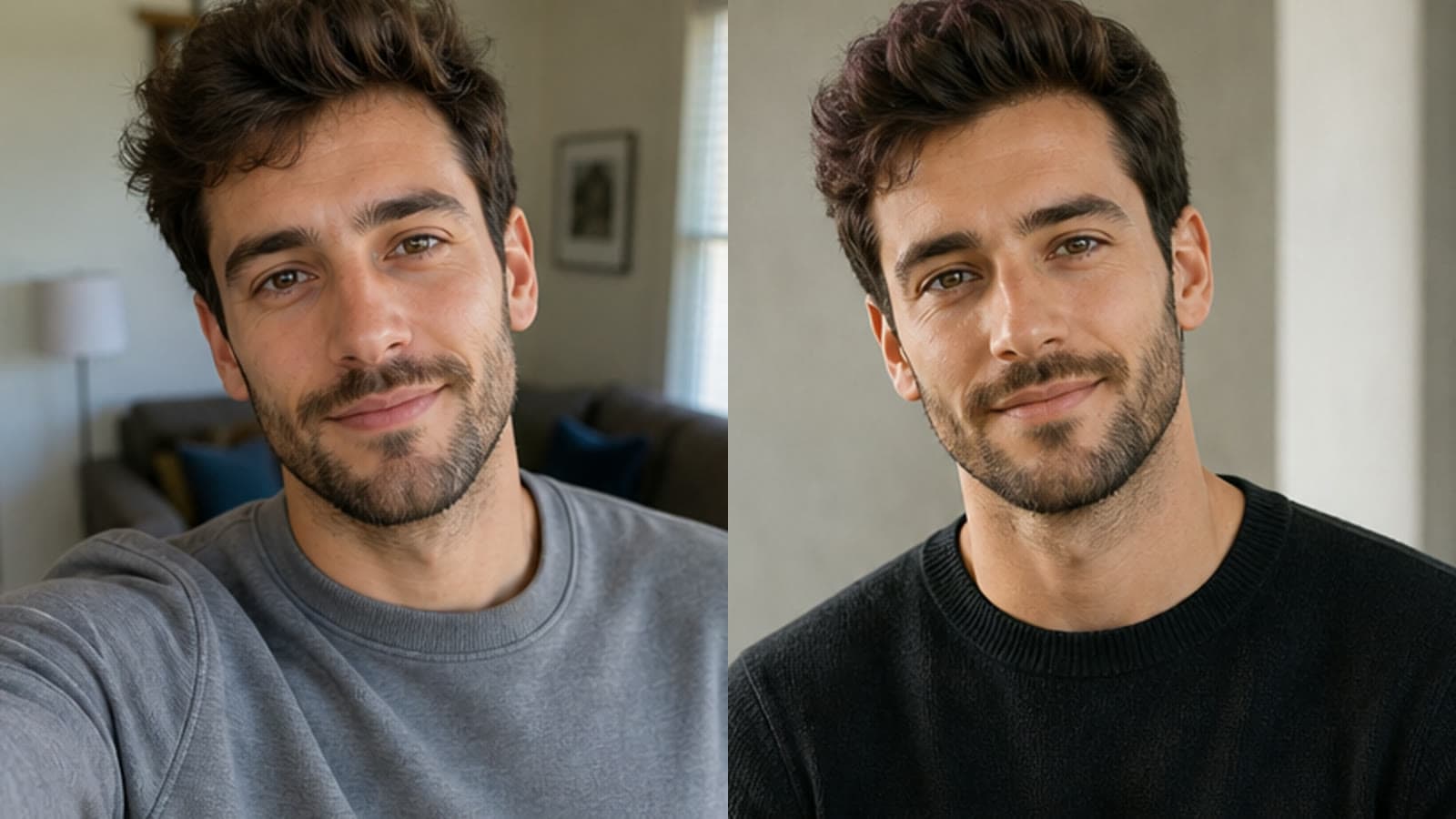 AI-generated illustrative demo comparing a source selfie with a generated profile portrait